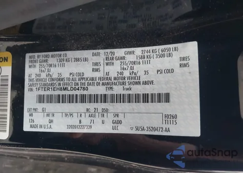 2021 Ford Ranger Xl из США, поврежденный, VIN 1FTER1EH8MLD04780